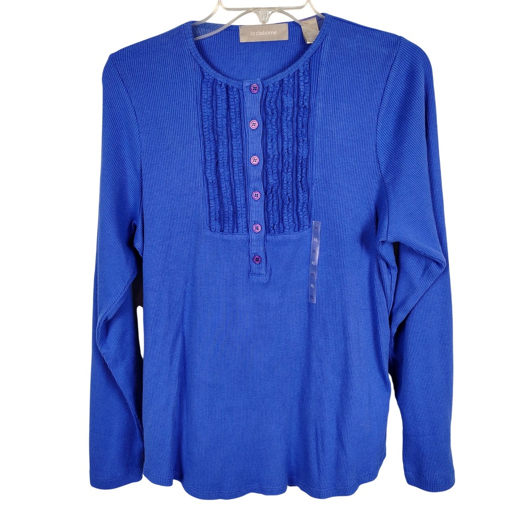 NWT Liz Claiborne Womens XL Ruffle Henley Top Blue Cotton Ribbed Casual Normcore